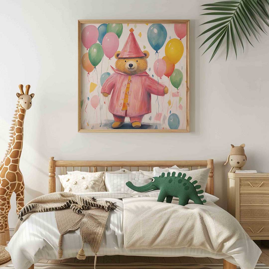 Berenfeest met ballonnen – vierkante kinderkamer wanddecoratie van WallArtistic