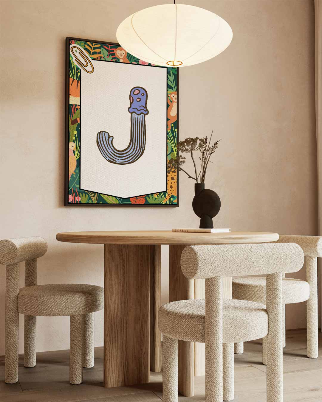 Letter J jungle – kunstwerk met zwarte baklijst