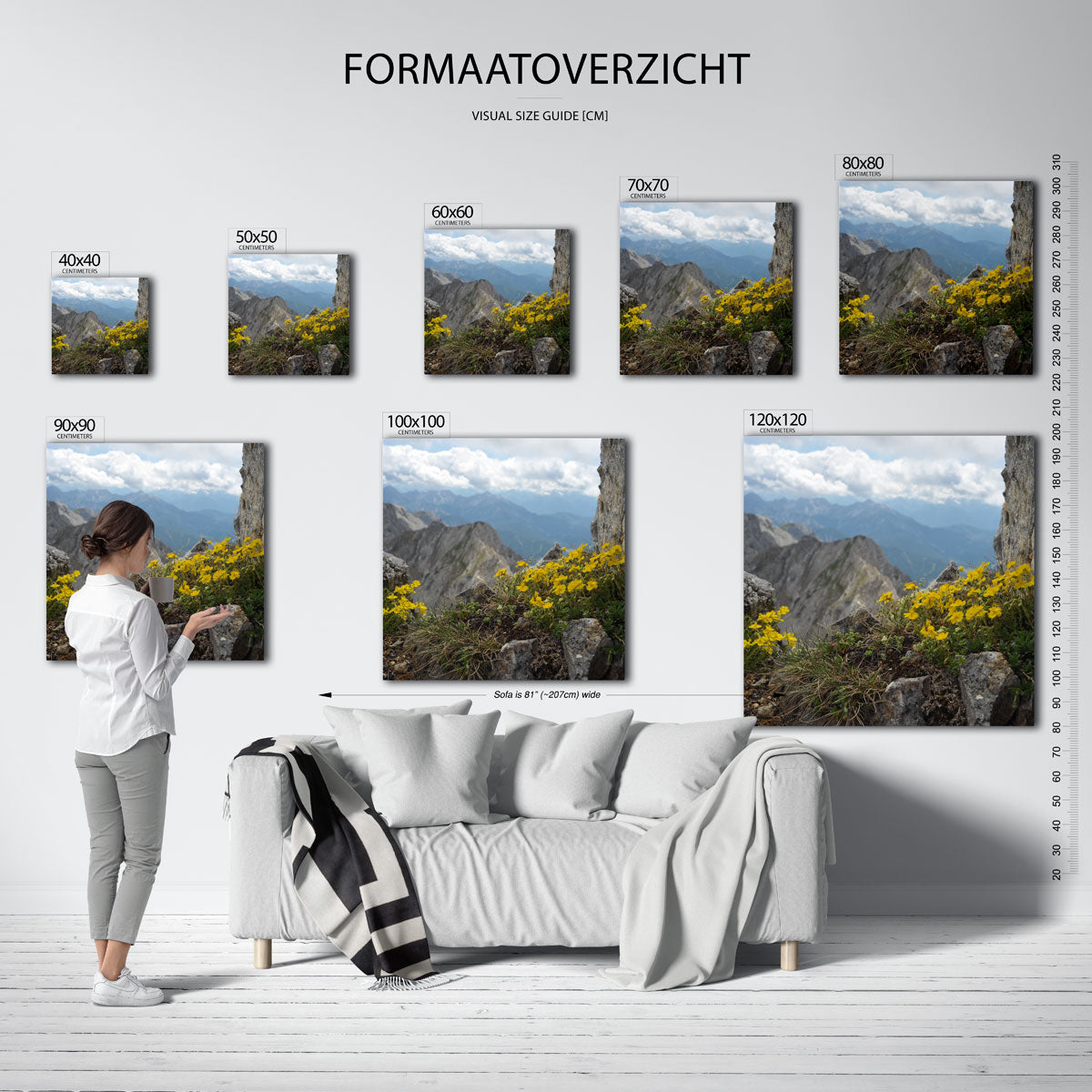 Berglandschap met bloemen poster – sfeerbeeld – deze poster toont een berglandschap met gele bloemen op de voorgrond. De