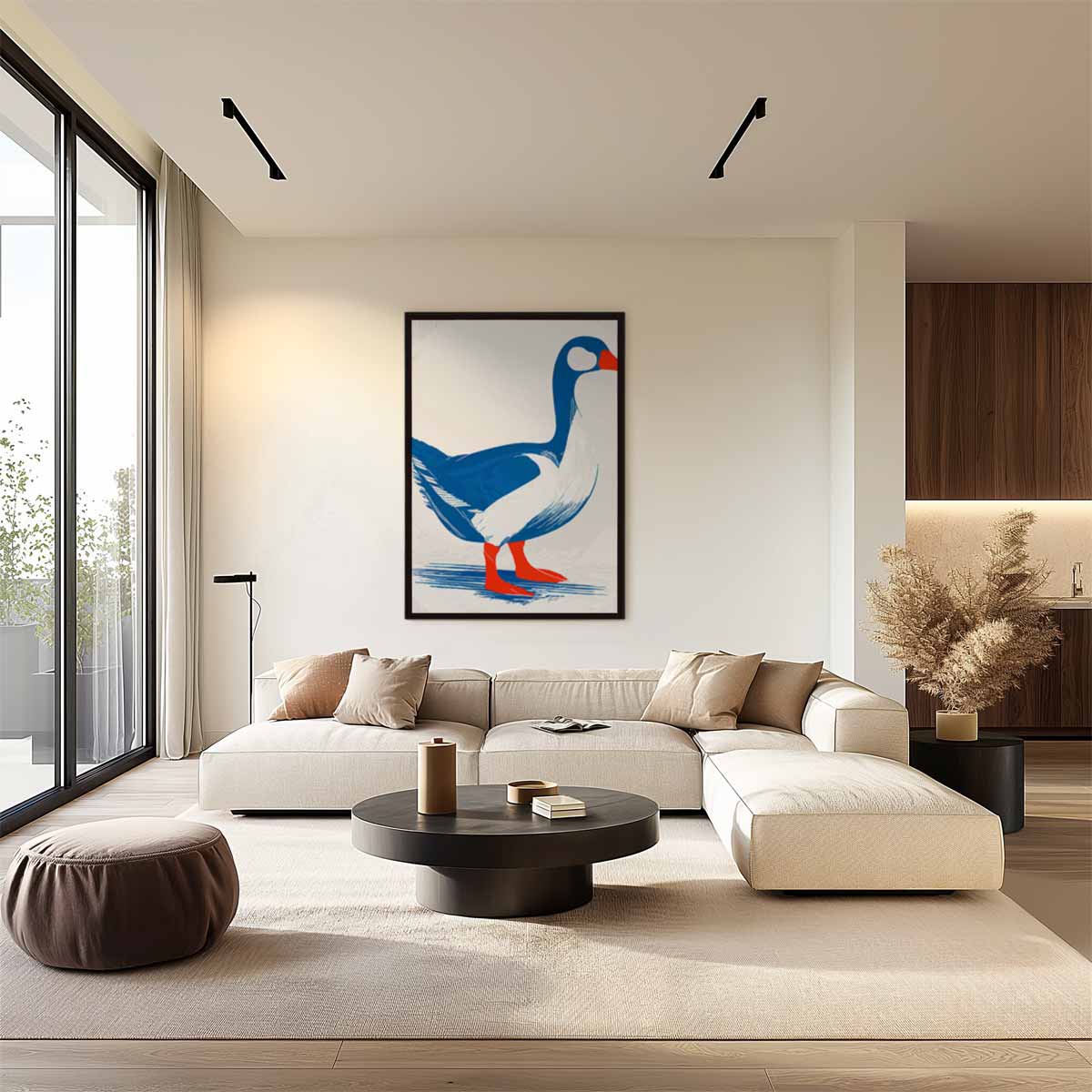 Stijlvolle Eend in Blauw en Rood – dibond wanddecoratie in staand formaat