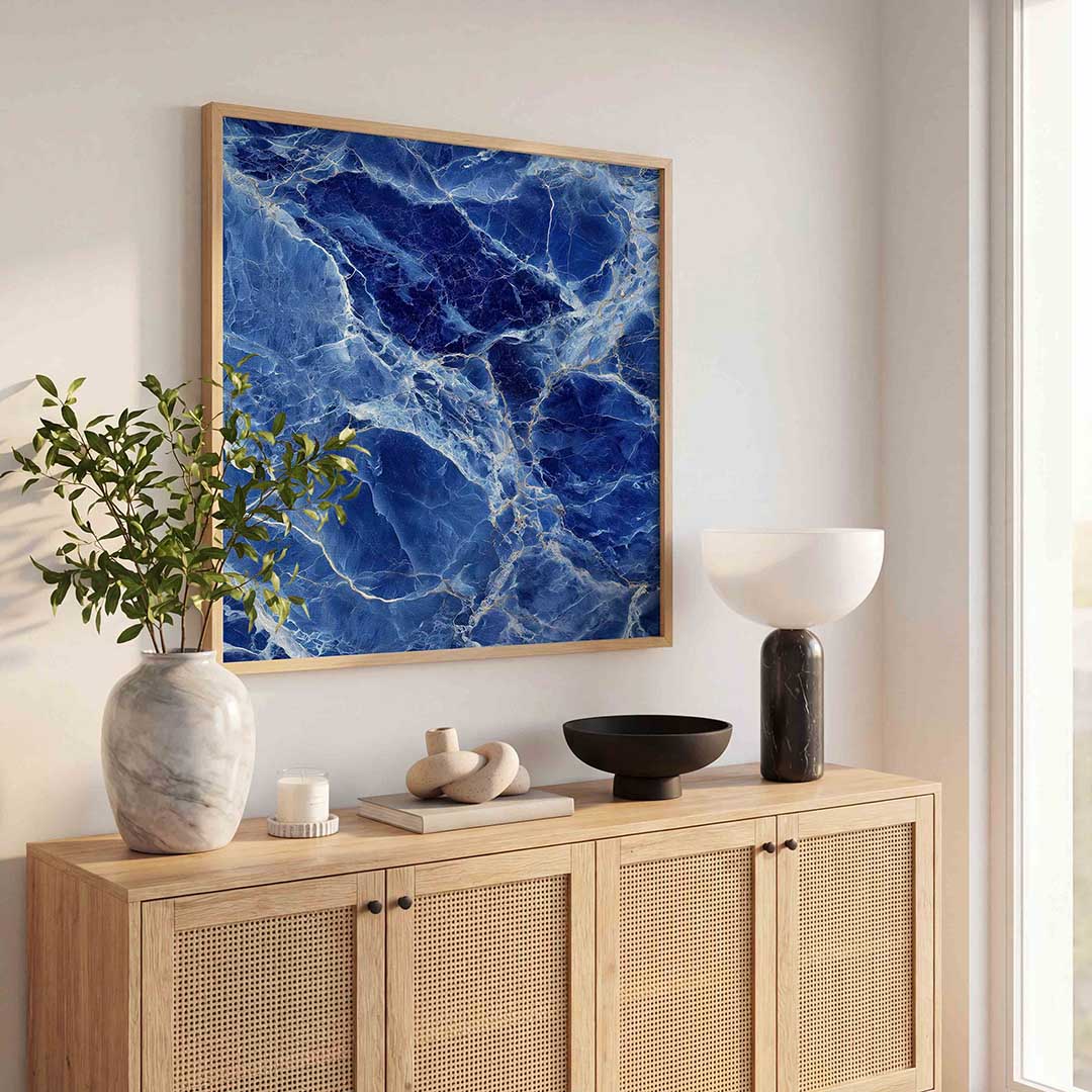 Blauwe marmerstructuur – abstracte wandkunst als vierkante poster