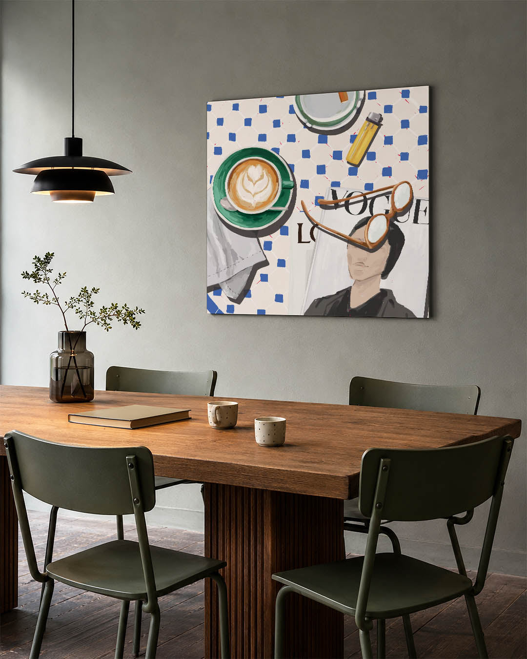 Dagelijkse momenten kunstwerk – tweede productweergave – dit werk toont een tafel met een kop koffie, een tijdschrift en een