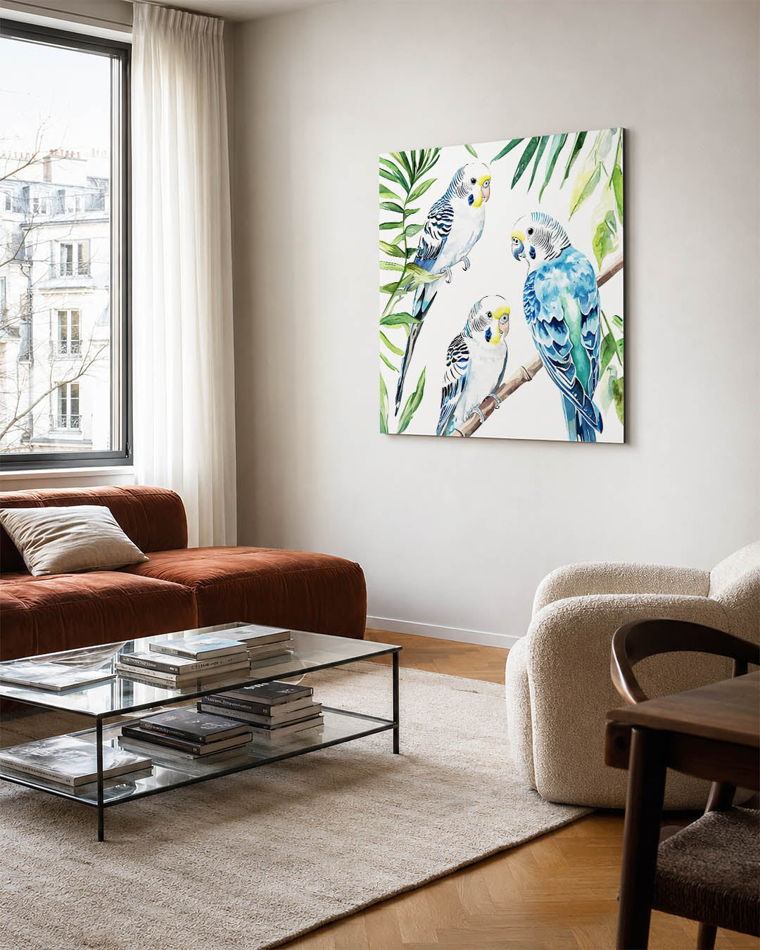 Papegaaien en bladeren kunstwerk – vierkante wanddecoratie – dit werk toont drie kleurrijke papegaaien omringd door groene