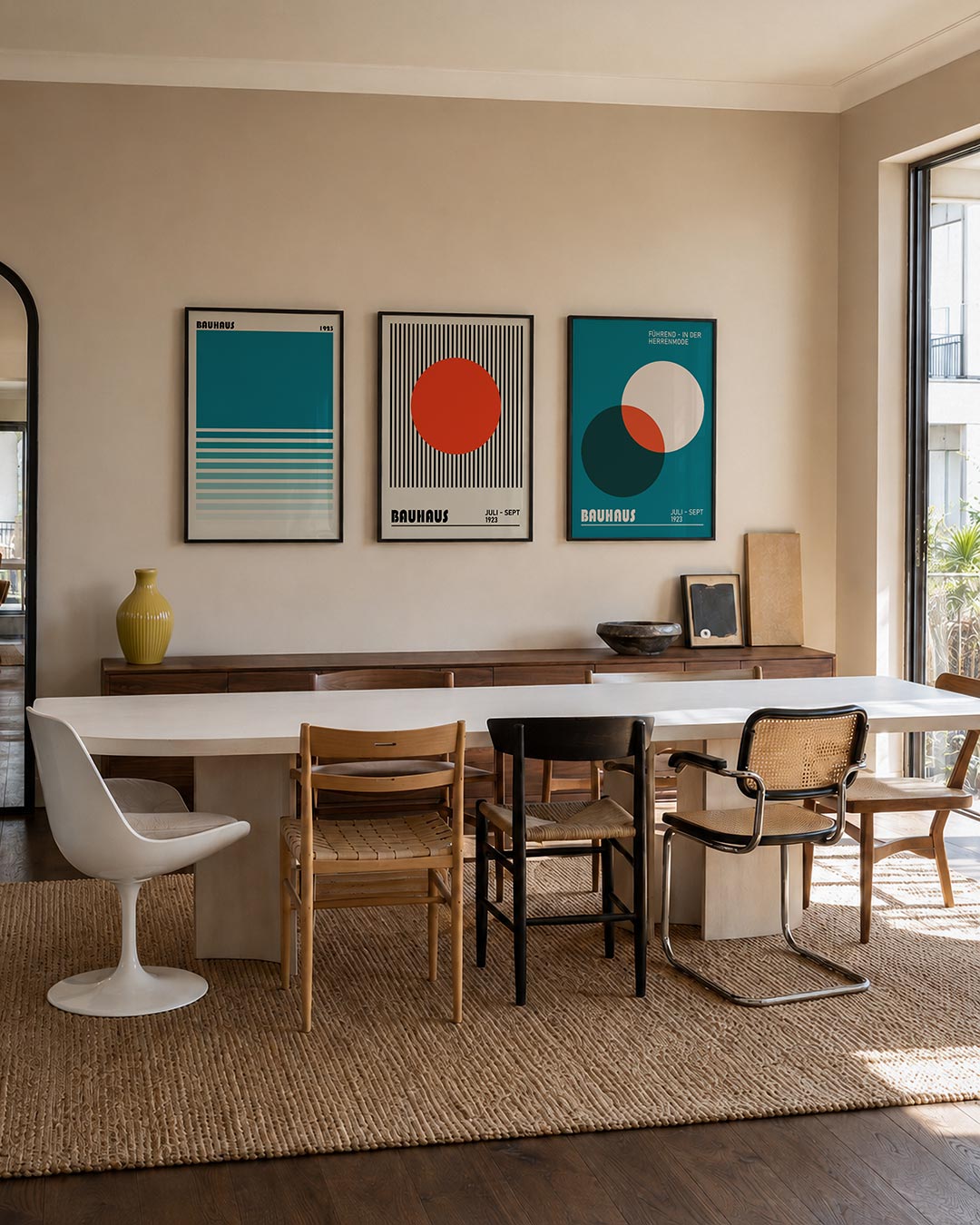 Kleurvlakken en lijnen driedelige posterset – deze posterset in drie delen toont een groot blauw vlak bovenaan met daaronder