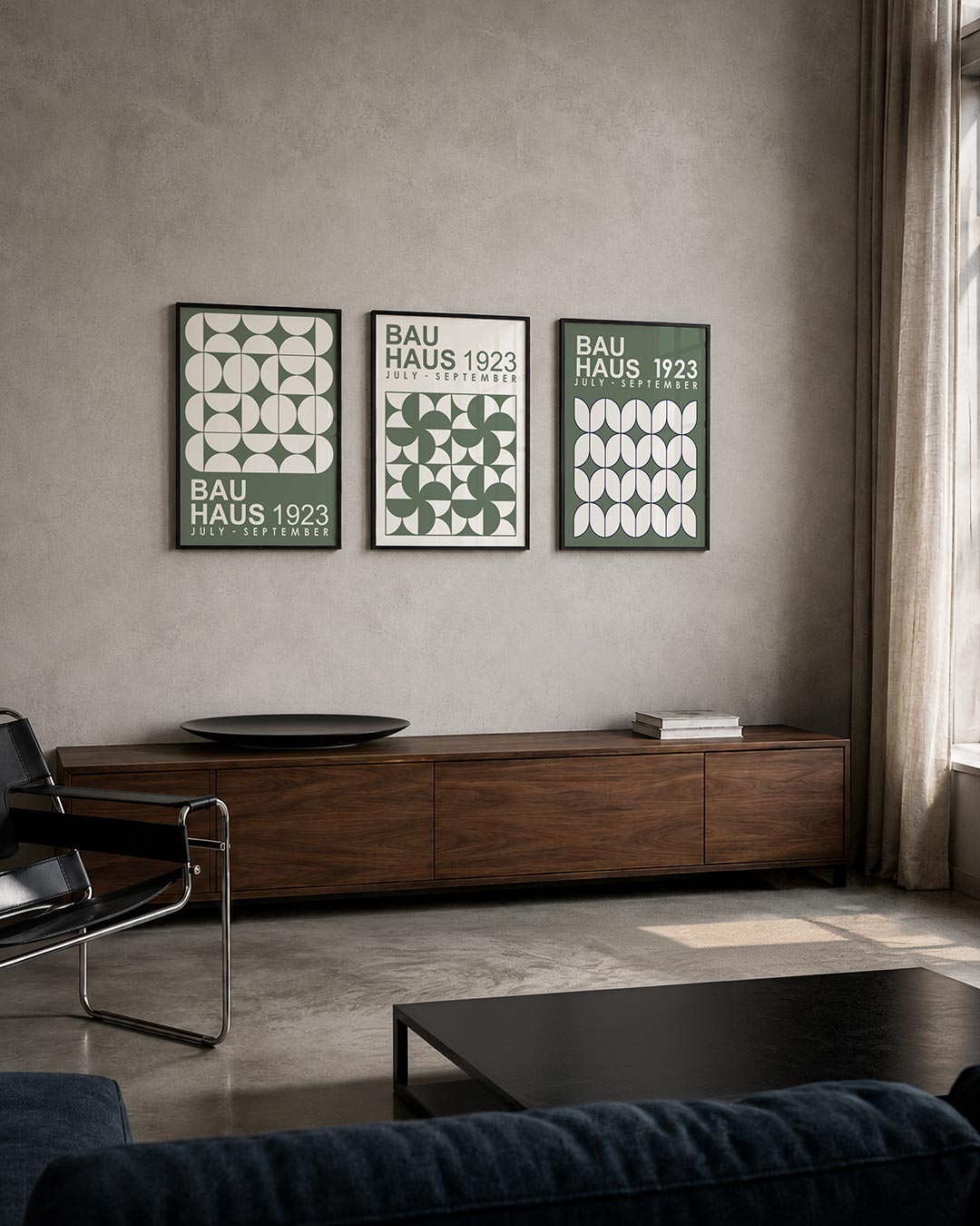 Cirkelvormen en vlakken driedelige posterset – deze posterset in drie delen toont een ritmisch patroon van halve cirkels en