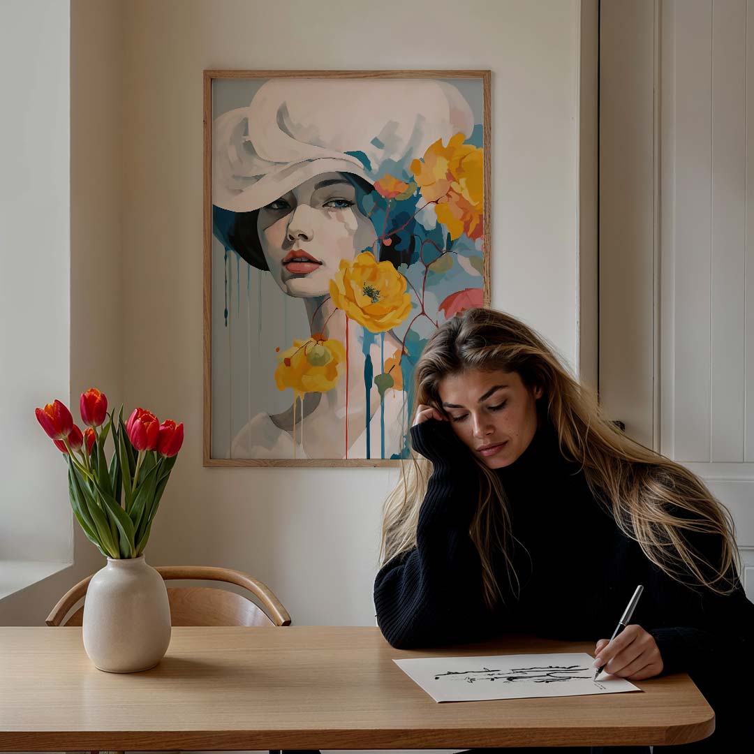 Dromerige Bloemenportret – staande vrouwelijke wanddecoratie van WallArtistic