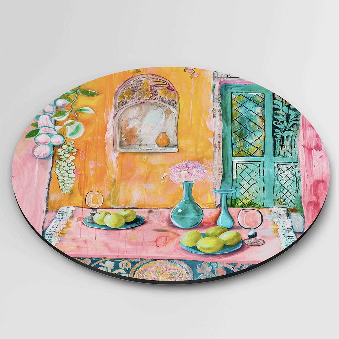 Fruit en vaas – kleurrijke ronde wanddecoratie van WallArtistic