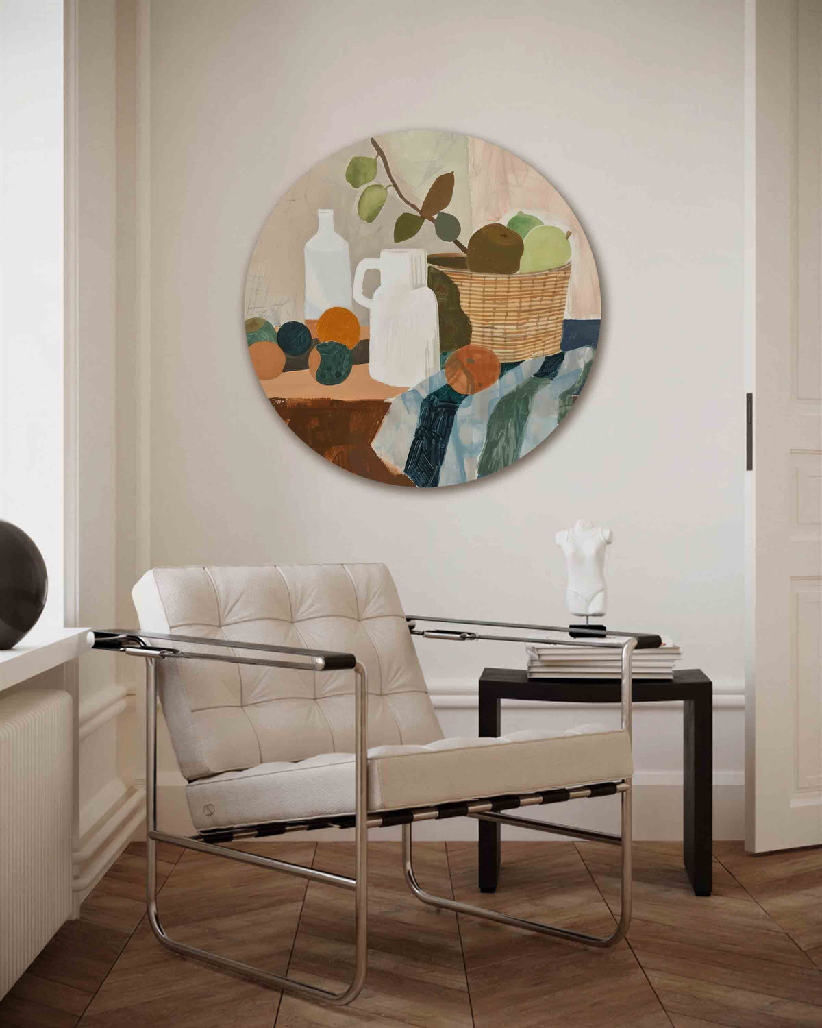 Stilleven met fruit en mand – kleurrijke muurcirkel als ronde wanddecoratie