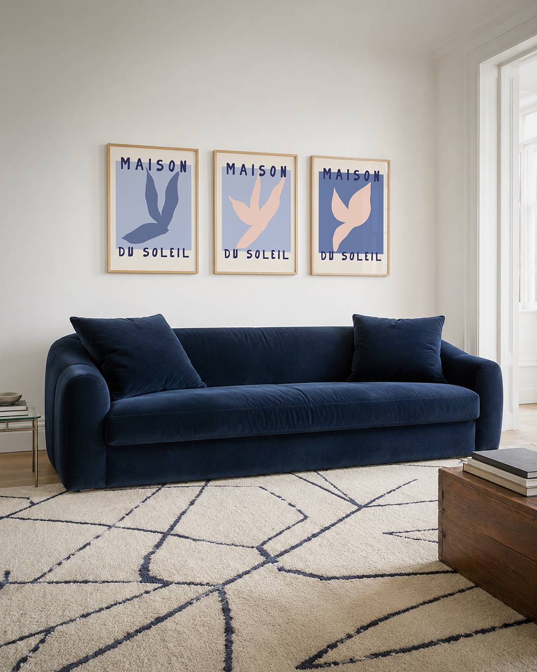 Blauwe vormen driedelige posterset – deze posterset in drie delen toont een zachte blauwe
