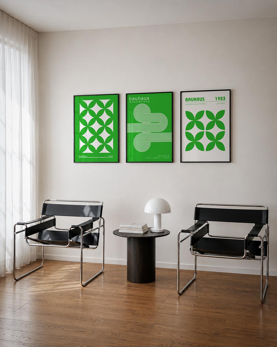Groene cirkelpatronen posterset – tweede productweergave – deze posterset in drie delen toont een ritmisch spel van groene