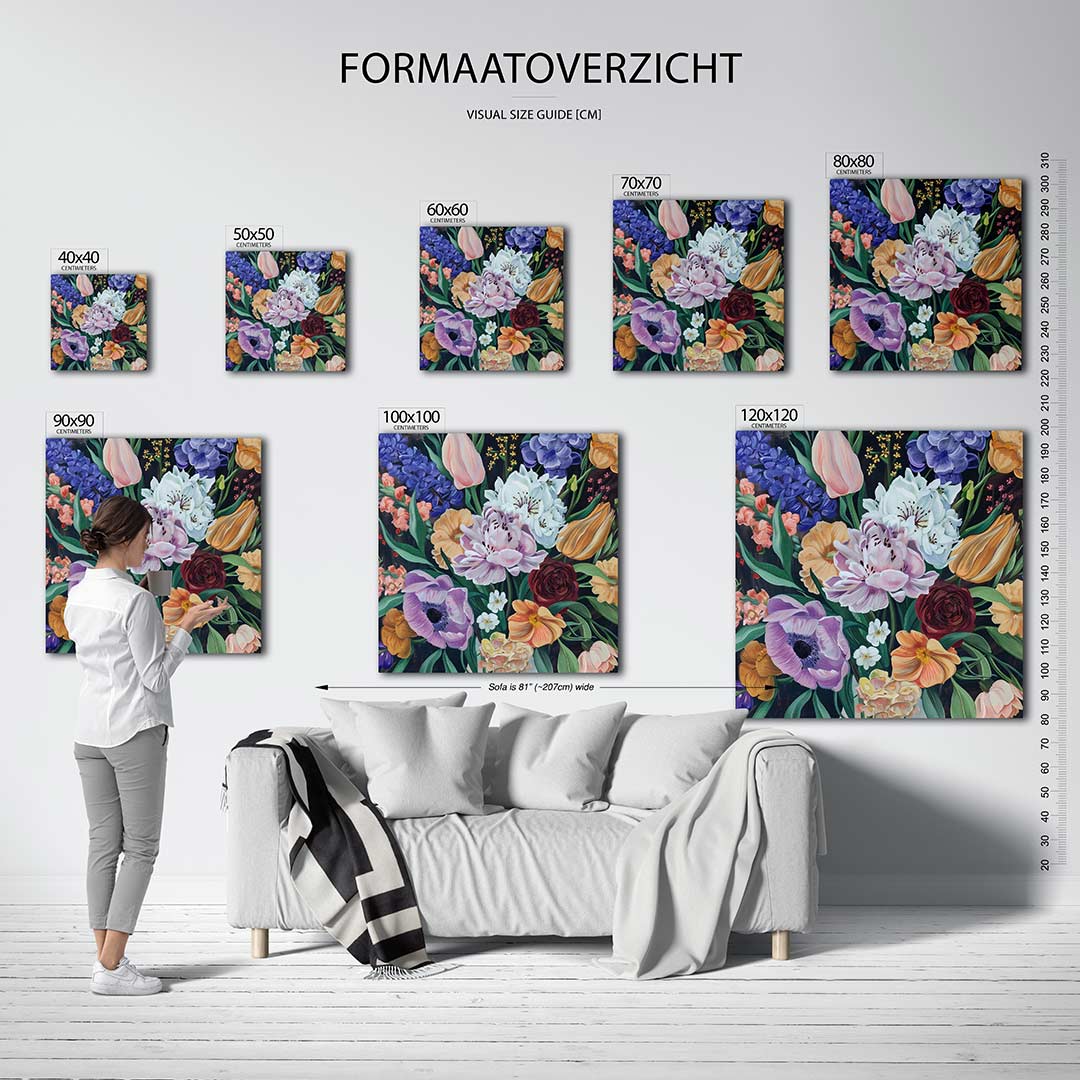 Bloemenexplosie kunstwerk – dit werk toont een levendige verzameling bloemen in diverse kleuren en vormen, met een speelse en