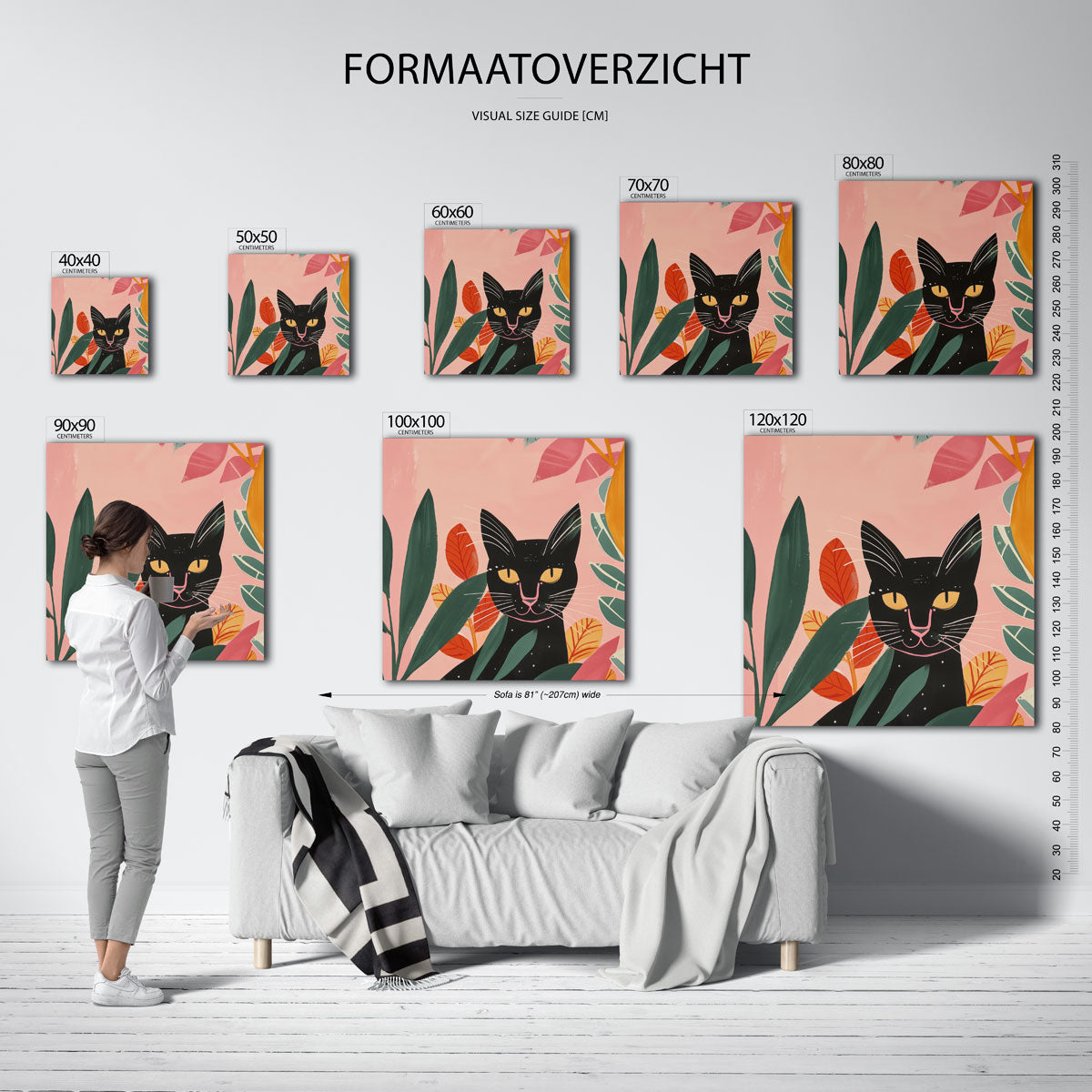 Zwarte kat en bladeren – vierkante muurposter voor de kinderkamer