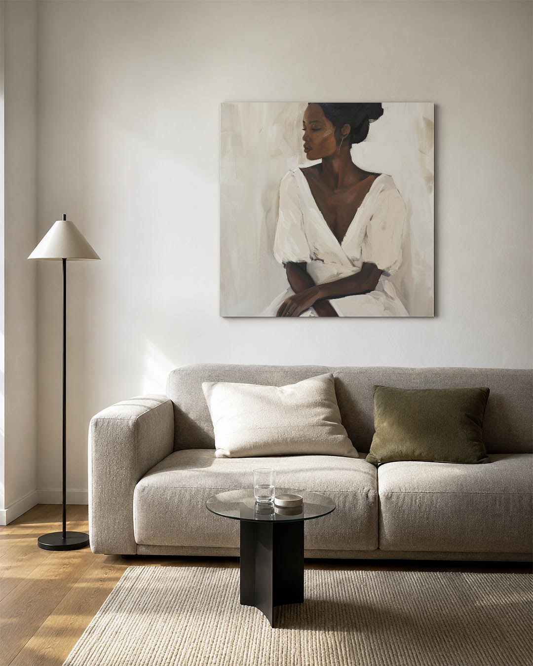 Elegante vrouwelijke pose kunstwerk – vierkante wanddecoratie – dit kunstwerk toont een vrouw in een serene pose, met zachte