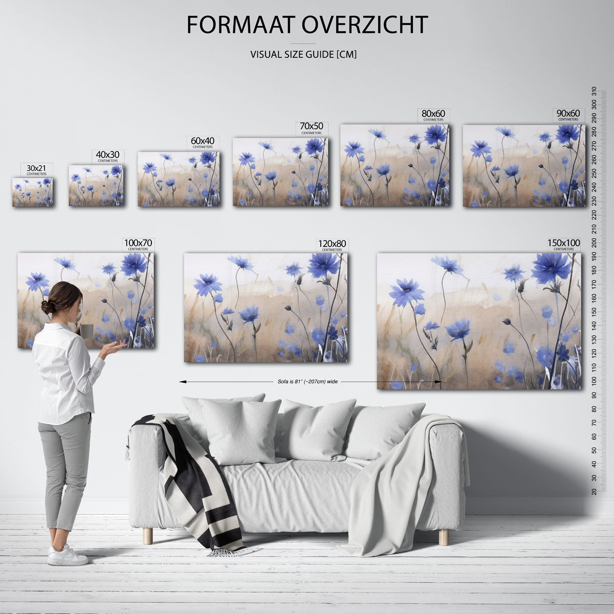 Blauwe bloemen – liggende muurposter met kleurrijke abstracte vormen