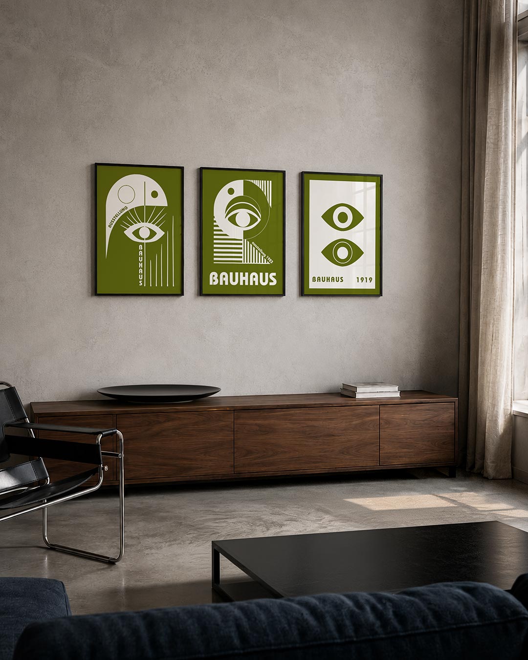 Oog en lijnen posterset – tweede productweergave – deze posterset in drie delen toont een wit oog met stralen op een