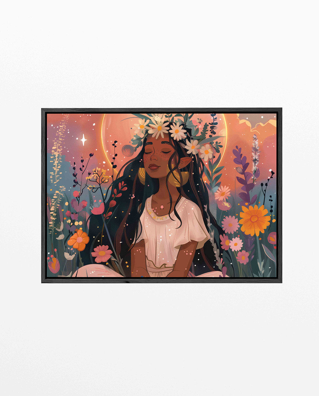 Dromerige bloemenmeisje – liggend kinder kunstwerk