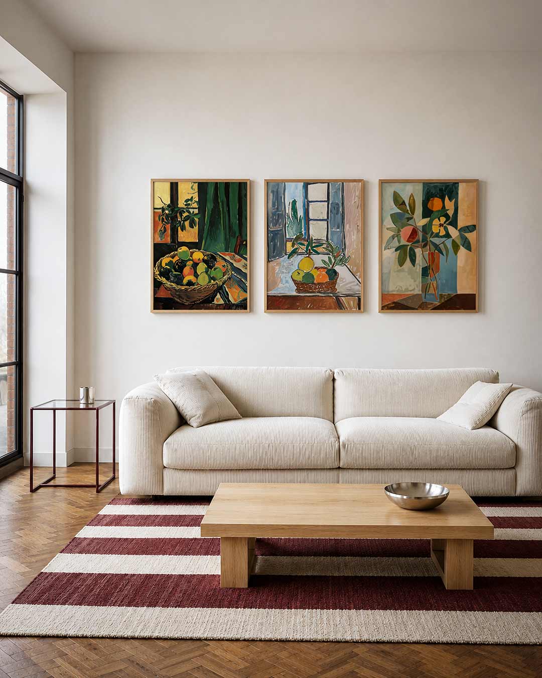 Fruit en licht driedelige posterset – een mand vol kleurrijk fruit op een tafel, omgeven door