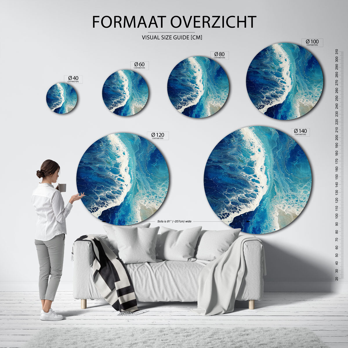 Blauwe golven – moderne ronde muurdecoratie met abstracte vormen