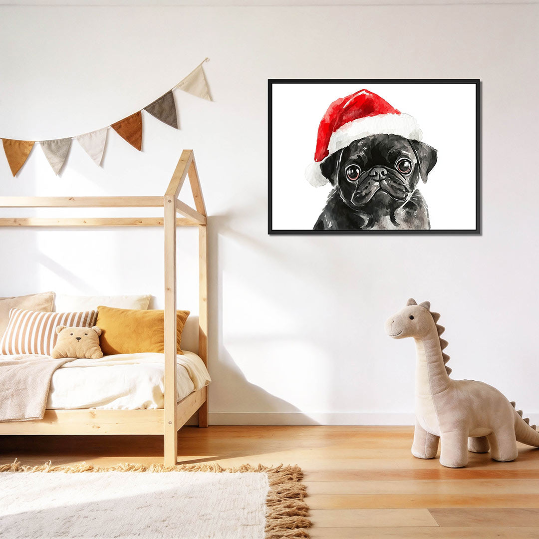 Hond met kerstmuts – op canvas, dibond of plexiglas