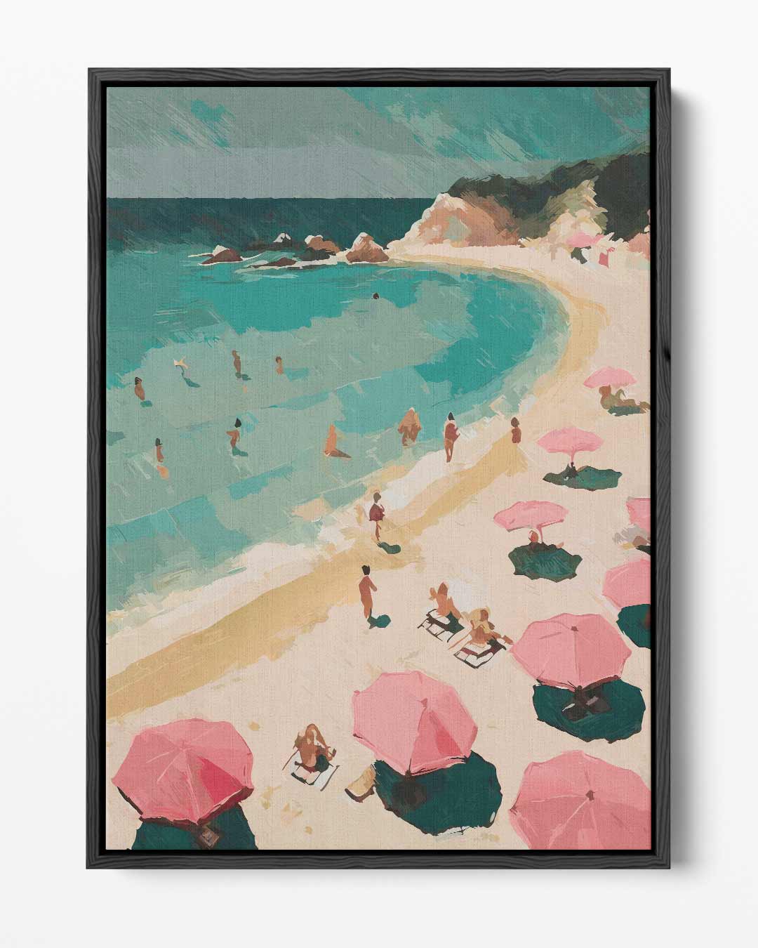Stranddag met Roze Paraplu's – portret kunstwerk als wanddecoratie