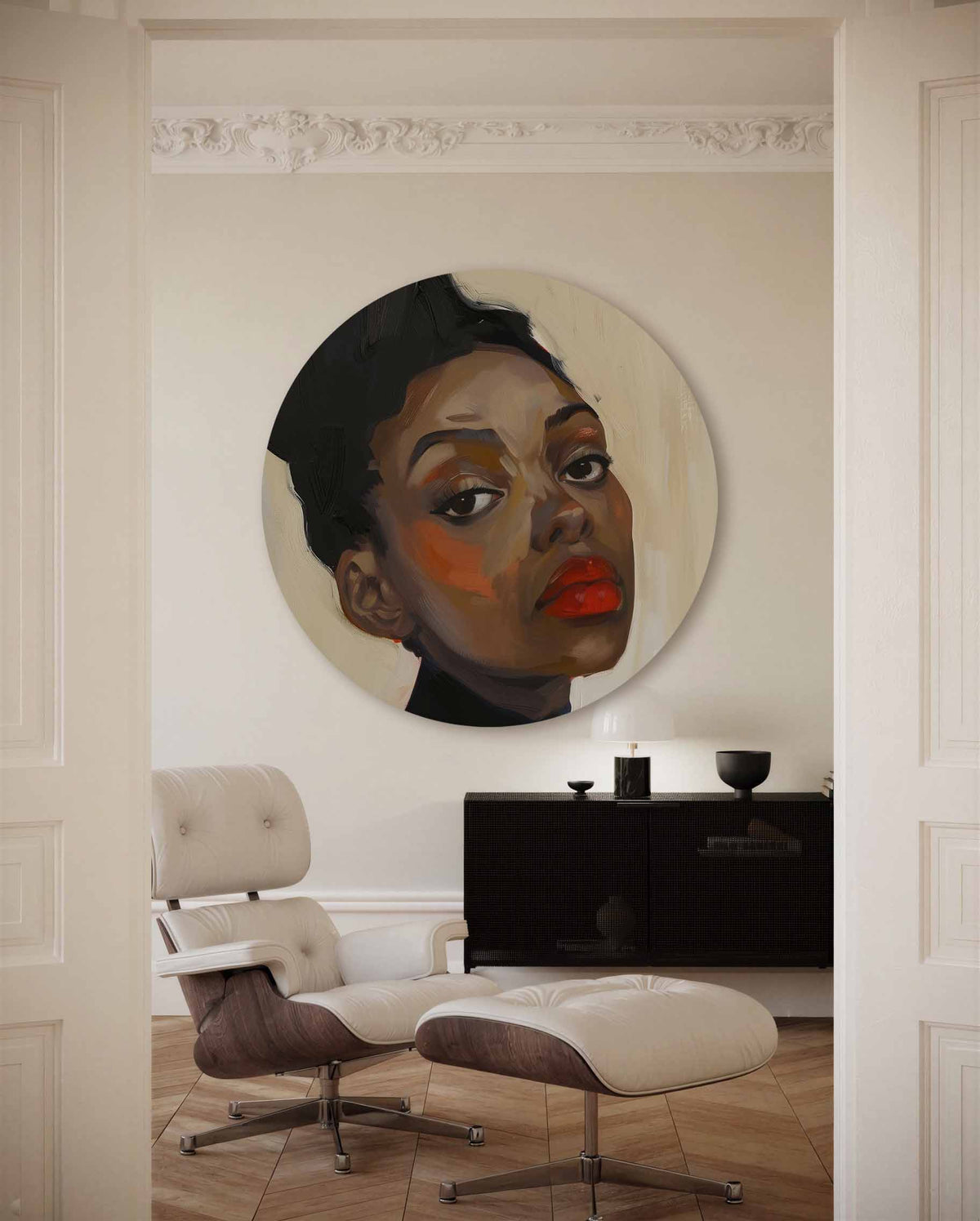 Portret met rode lippen – muurcirkel met kleur en vormen voor aan de muur