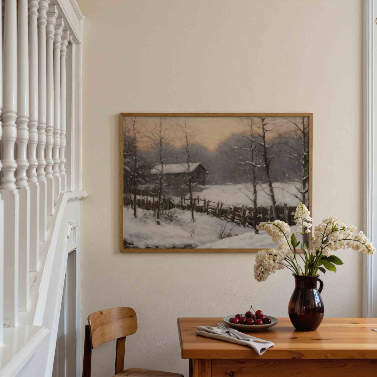 Winterlandschap met huisje – liggende illustratie poster als wanddecoratie