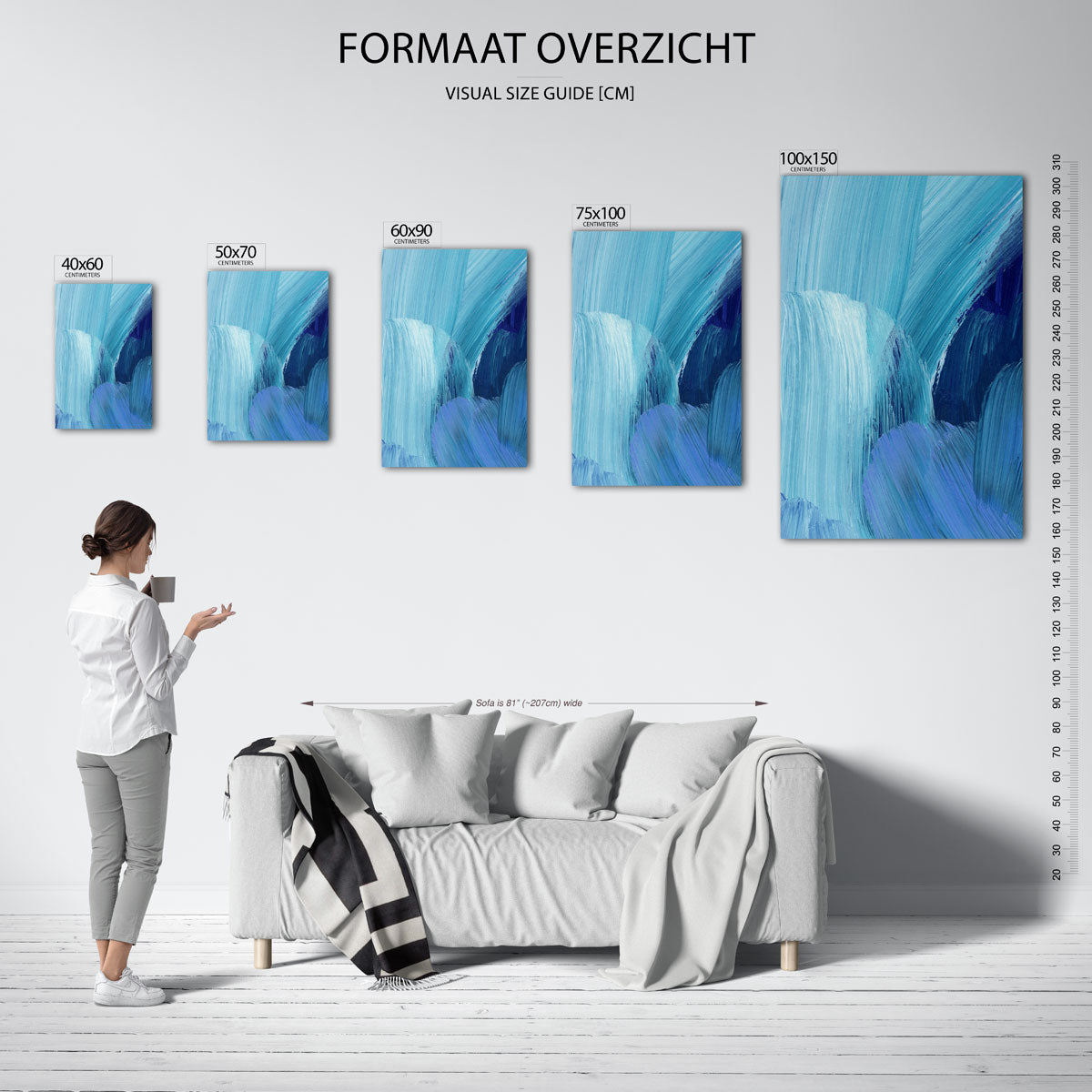 Dynamische blauwe strokes – staande wanddecoratie van WallArtistic