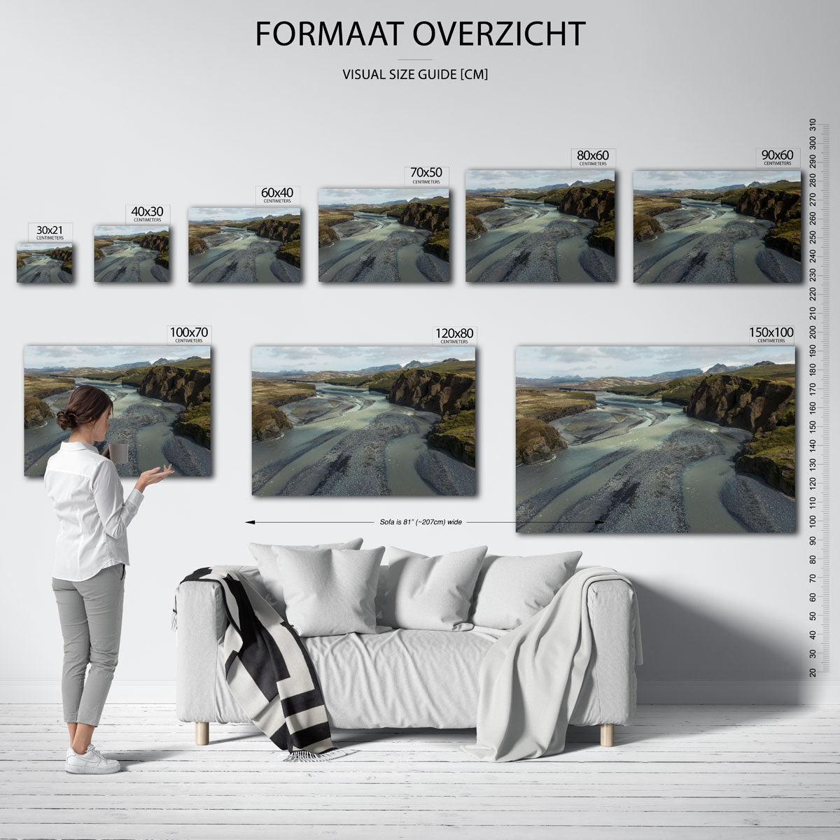 Rivierlandschap panorama poster – sfeerbeeld – een uitgestrekt rivierlandschap met kronkelende waterwegen en rotsachtige