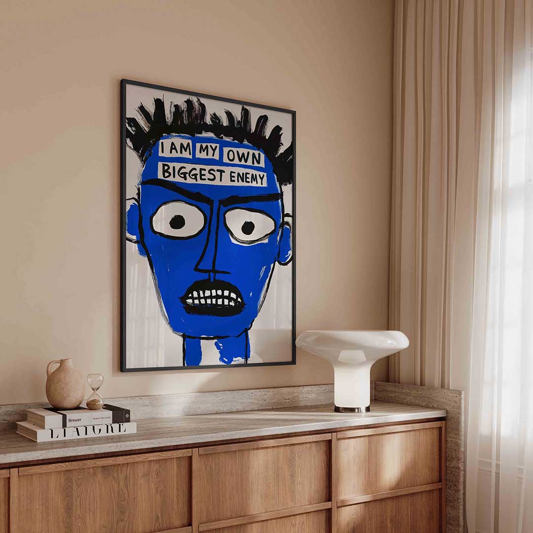 Blauw gezicht met tekst – urban poster in staand formaat