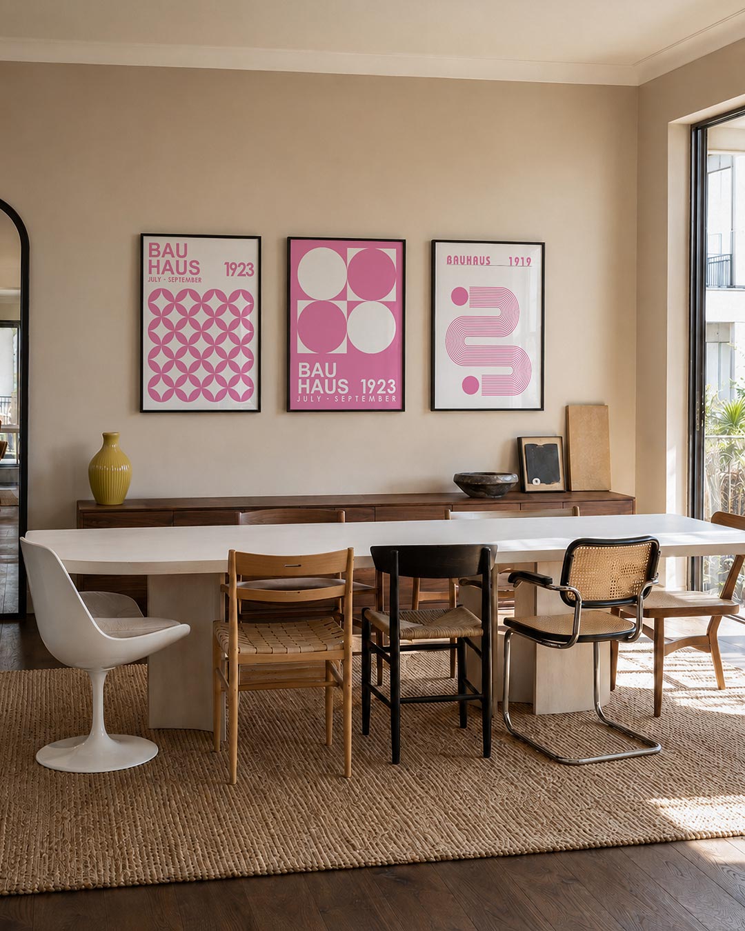 Cirkelpatroon driedelige posterset – deze posterset in drie delen toont een herhalend patroon van roze cirkels op een witte