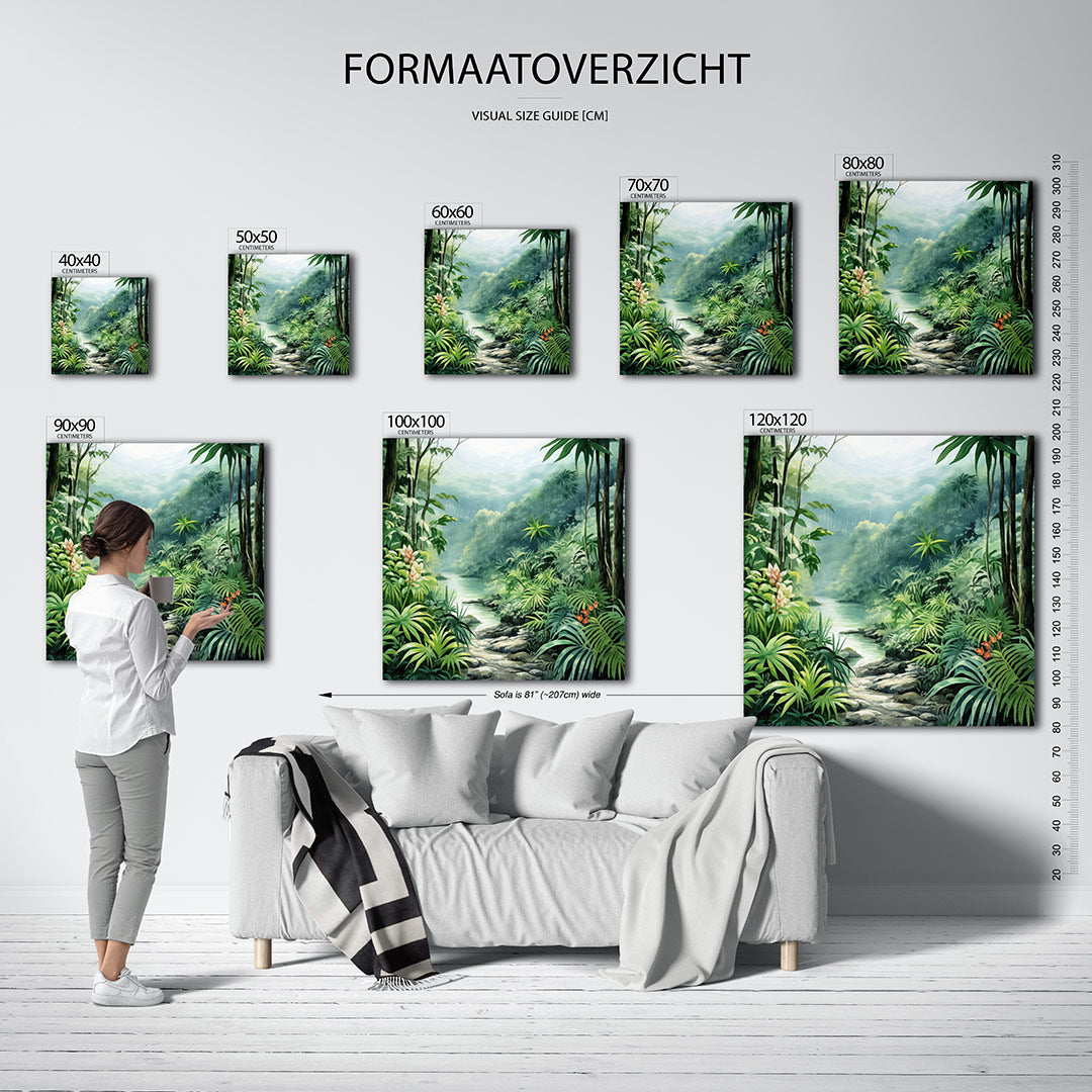 Weelderig boslandschap kunstwerk – dit werk toont een weelderig bos met diverse groene tinten en een serene waterstroom. De