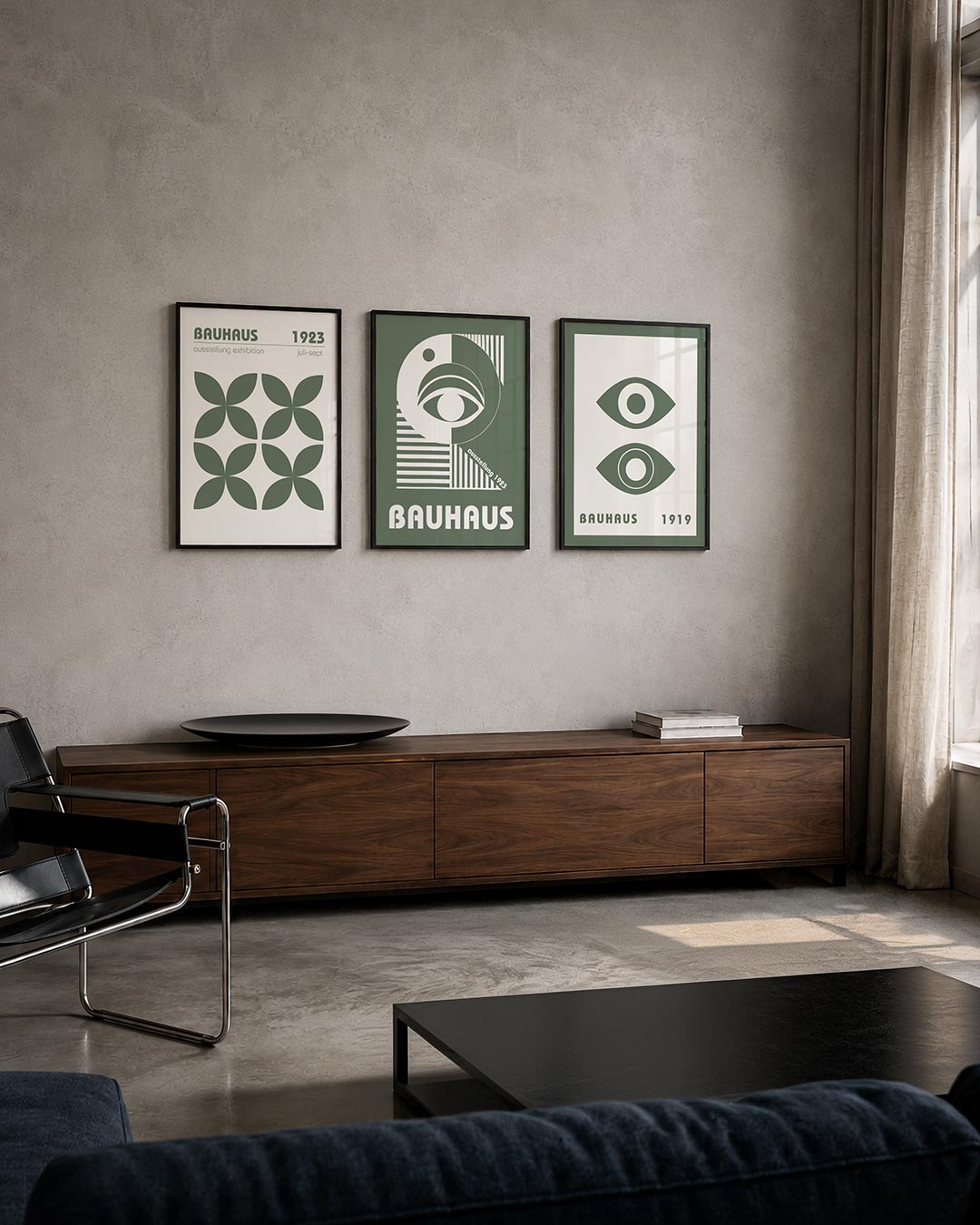 Vorm en balans driedelige posterset – deze posterset in drie delen toont een ritmisch patroon van overlappende bladvormen in