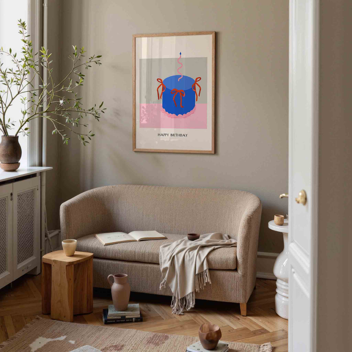 Verjaardagstaart met kaars – rustige poster in staand formaat