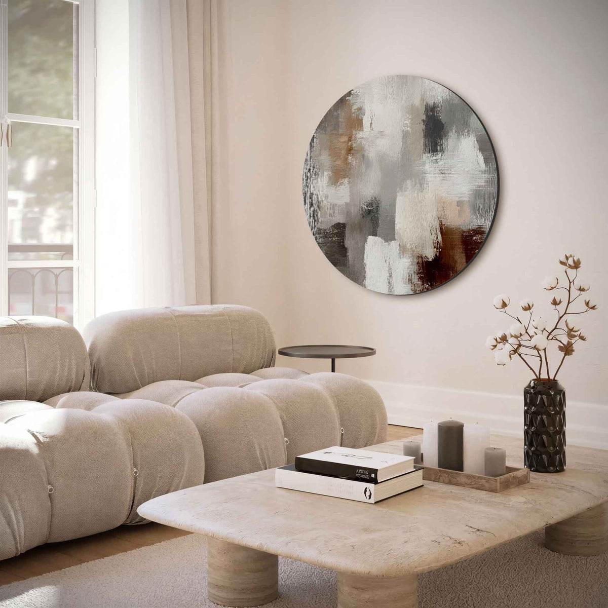 Abstracte beige en grijze – moderne abstracte muurcirkel voor aan de muur