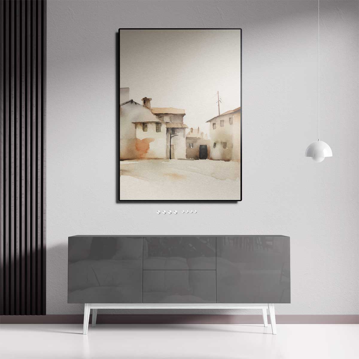 Zonnige Dorpsstraat in Aquarel – staande wandkunst voor woonkamer of interieur