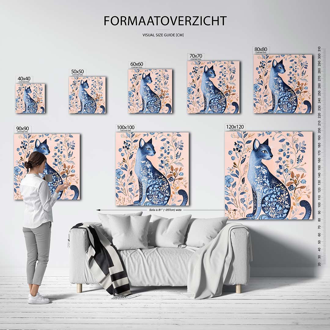 Fantasierijke kat kunstwerk – dit kunstwerk toont een sierlijke kat omringd door gedetailleerde bloemen en bladeren. De