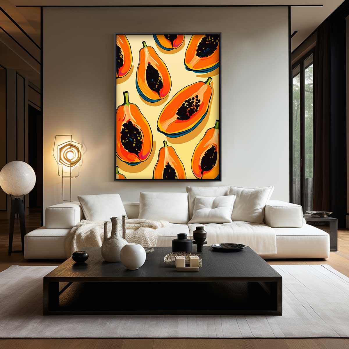Tropische Papaya Print – kunstwerk met zwarte baklijst