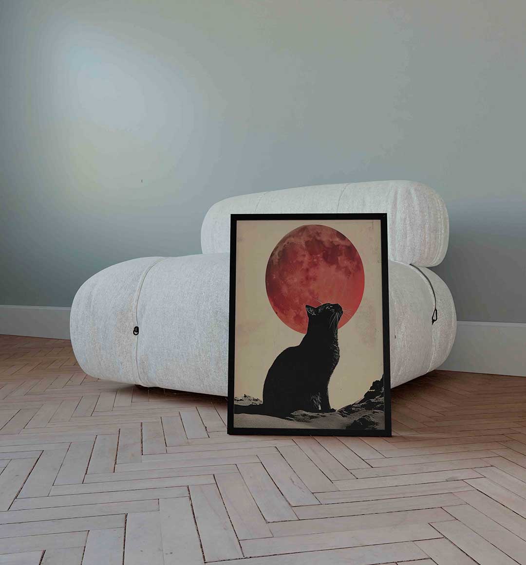 Kat en rode maan – surrealistische wandkunst als portret poster