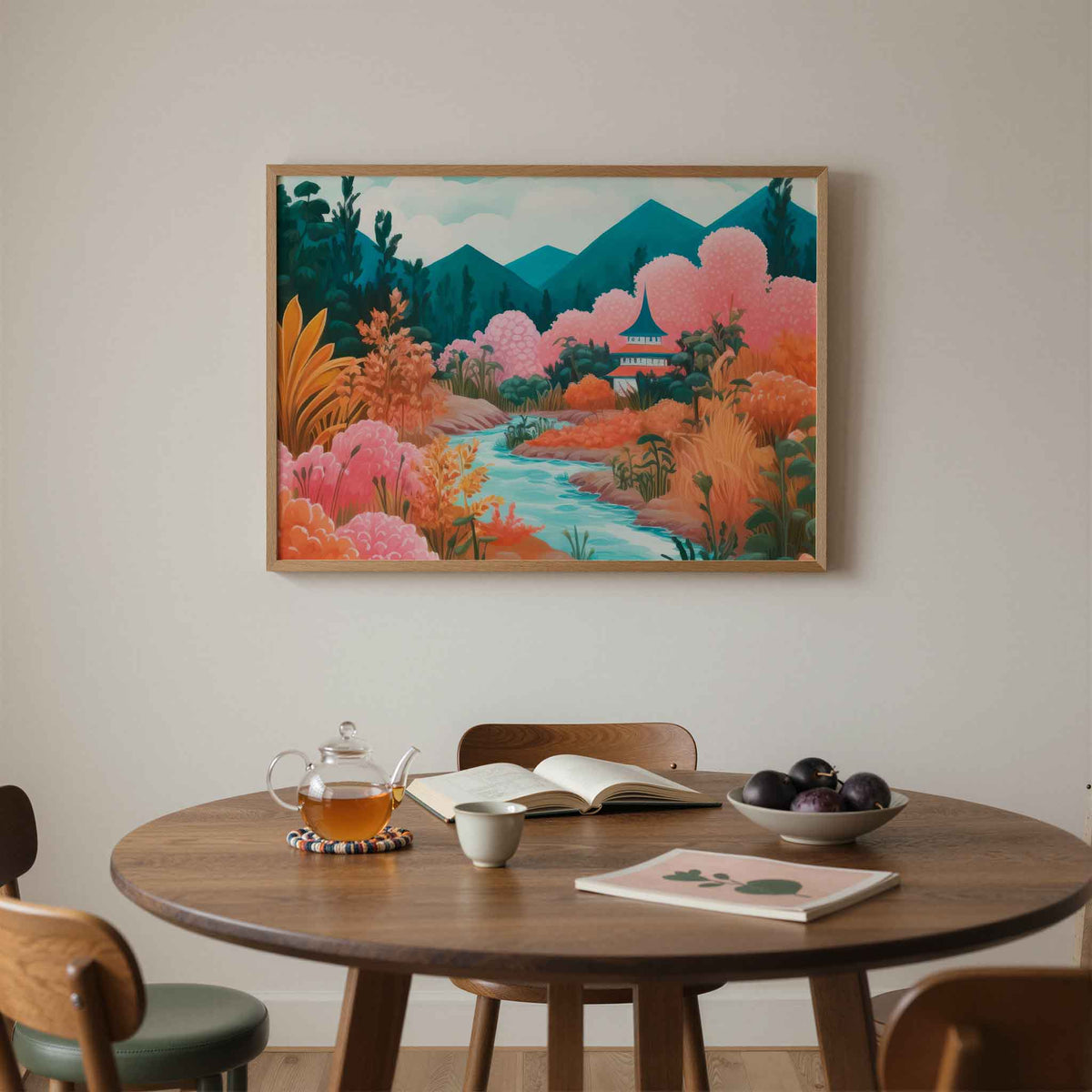 Landschap met rivier en pagode – liggende moderne wanddecoratie van WallArtistic