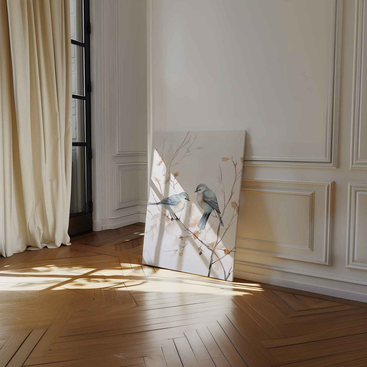 Vrolijke Vogels op Tak – canvas wanddecoratie in portret formaat