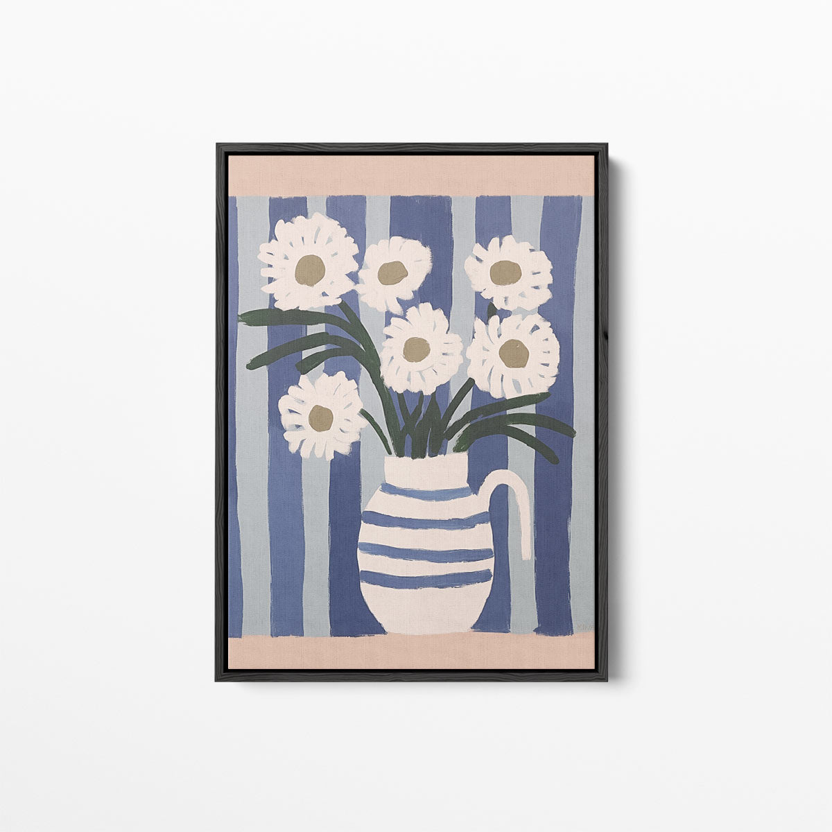 Bloemen in Blauwe Strepen – canvas kunstwerk als wanddecoratie