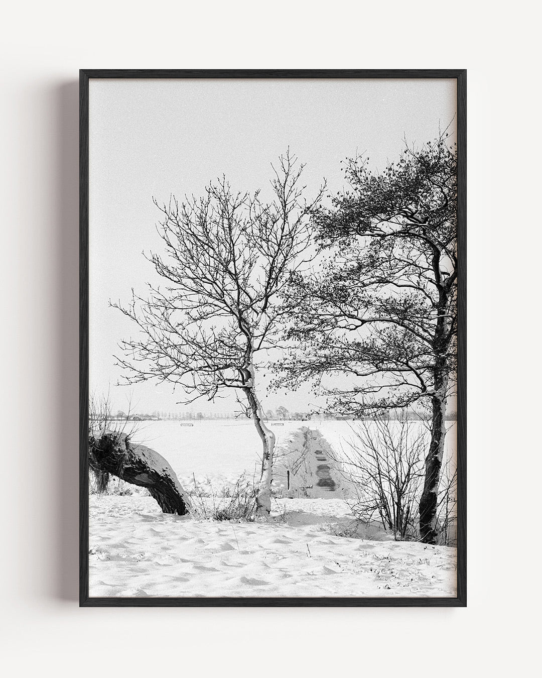 Winterlandschap met bomen poster – portret wanddecoratie – deze poster toont een sereen winterlandschap met kale bomen en een