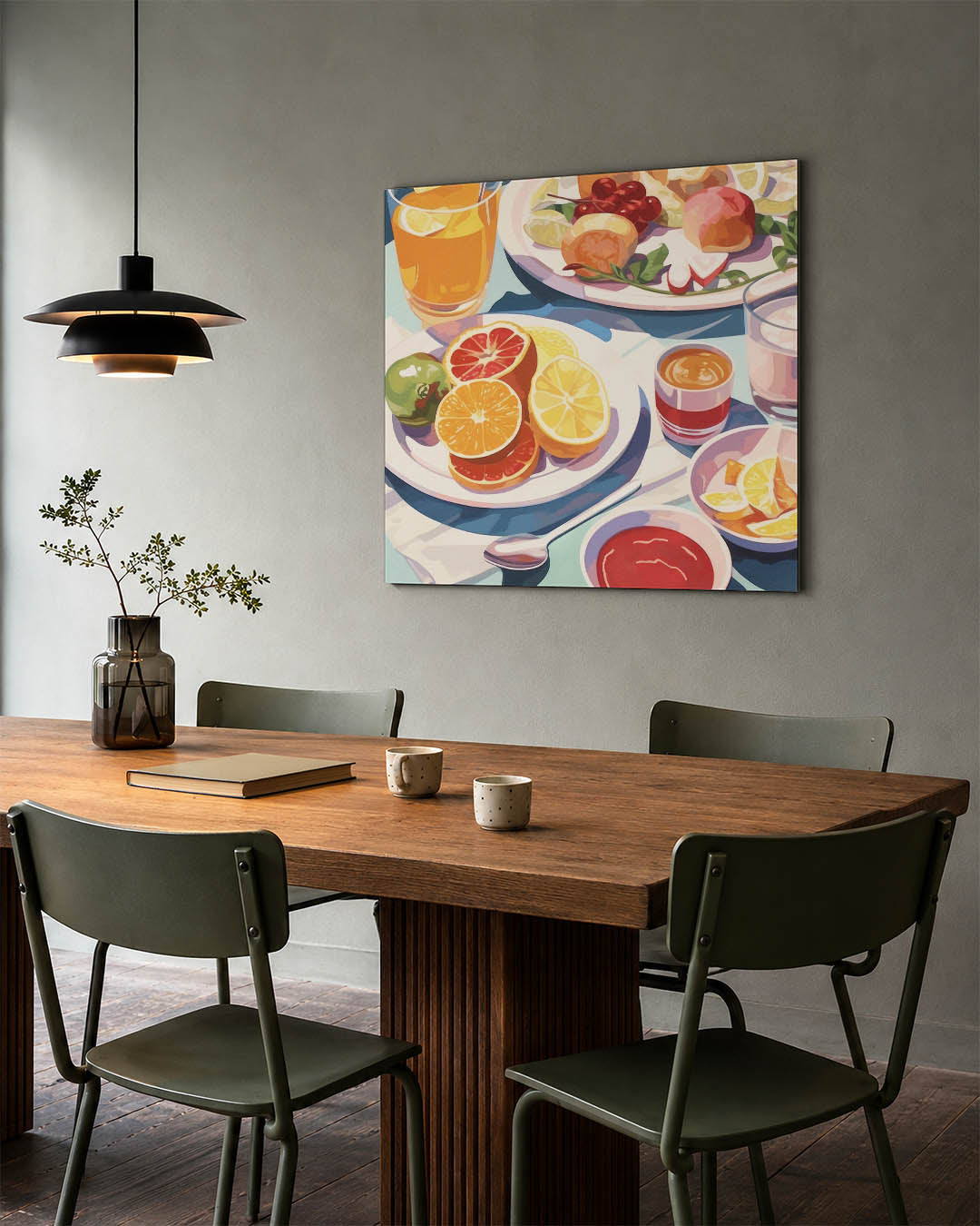 Fruitige ontbijt scène kunstwerk – tweede productweergave – dit werk toont een levendige compositie van kleurrijk fruit en