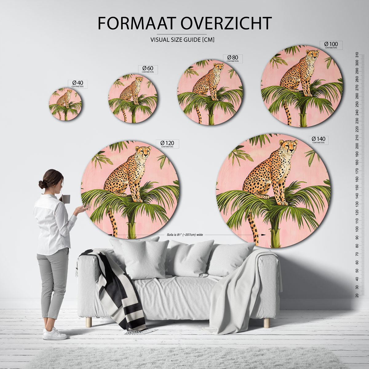 Luipaard op palm – ronde muurcirkel met kleurrijke illustratie