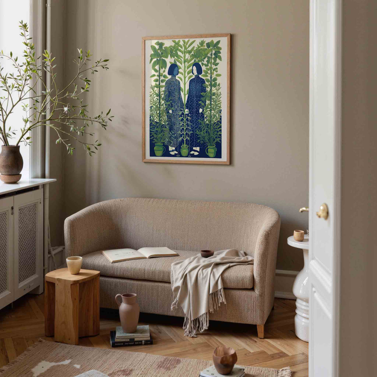 Twee figuren tussen planten – botanische poster in staand formaat