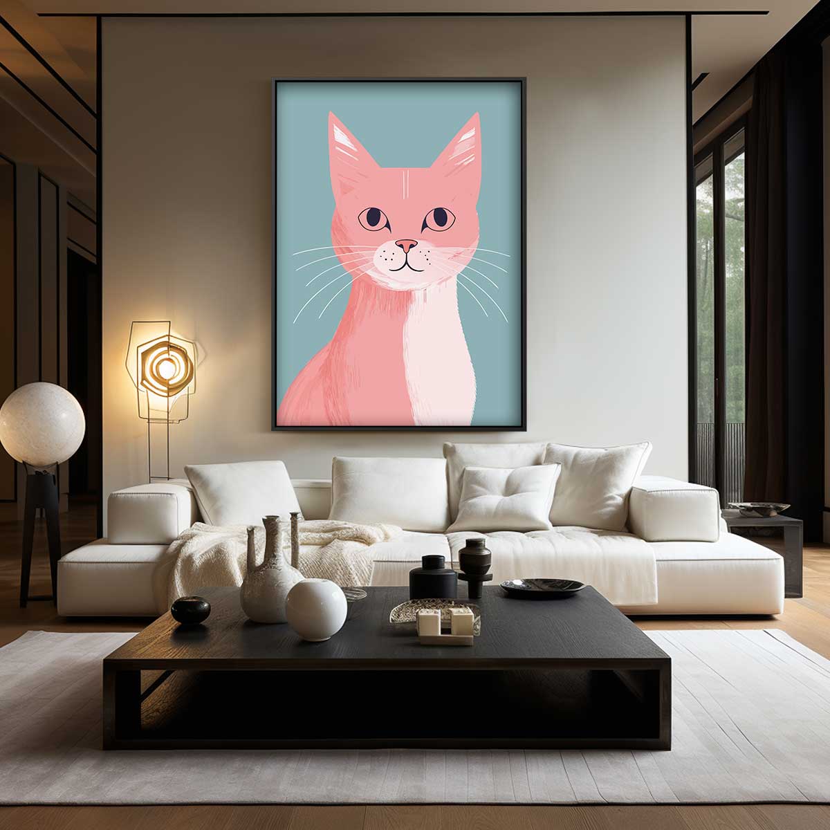 Vrolijke Kat Op Canvas – kunstwerk met zwarte baklijst