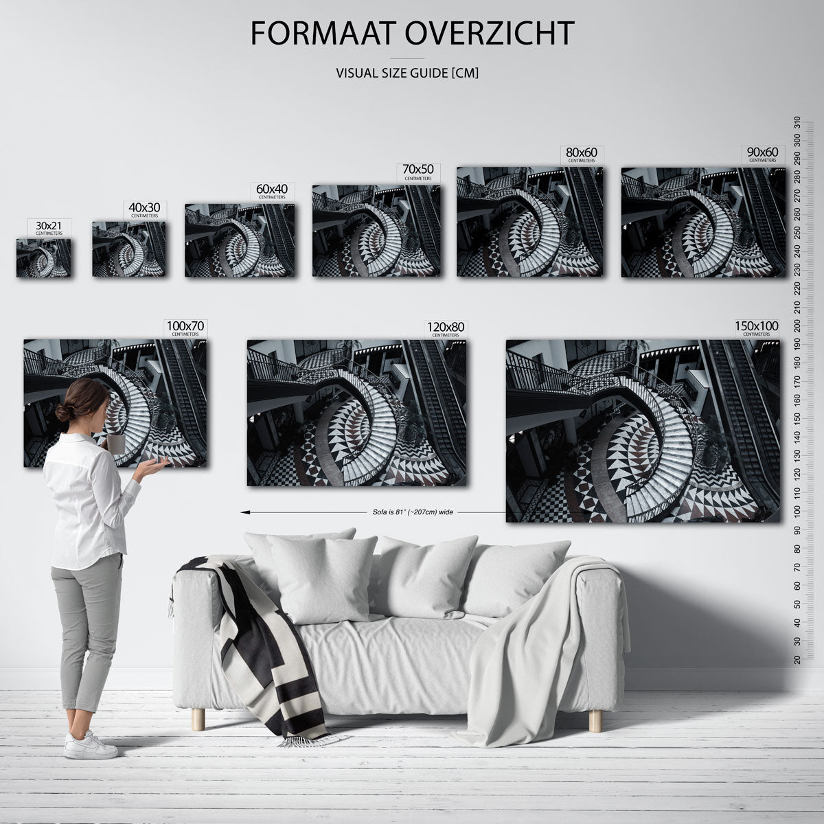 Geometrische trappen poster – sfeerbeeld – deze poster toont een spiraalvormige trap met geometrische patronen en sterke
