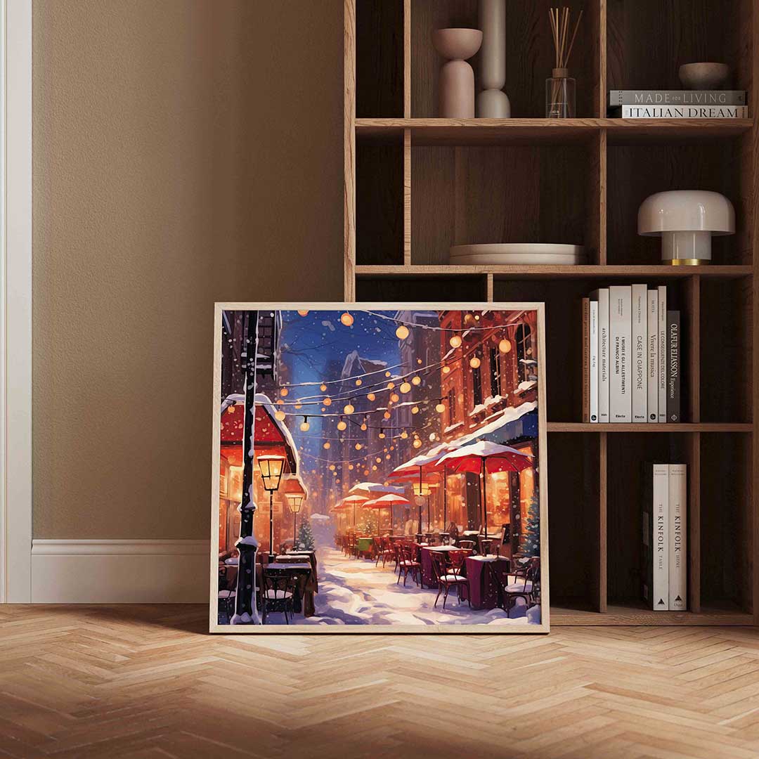Sneeuwstraat met lichten – kerstposter in vierkant formaat