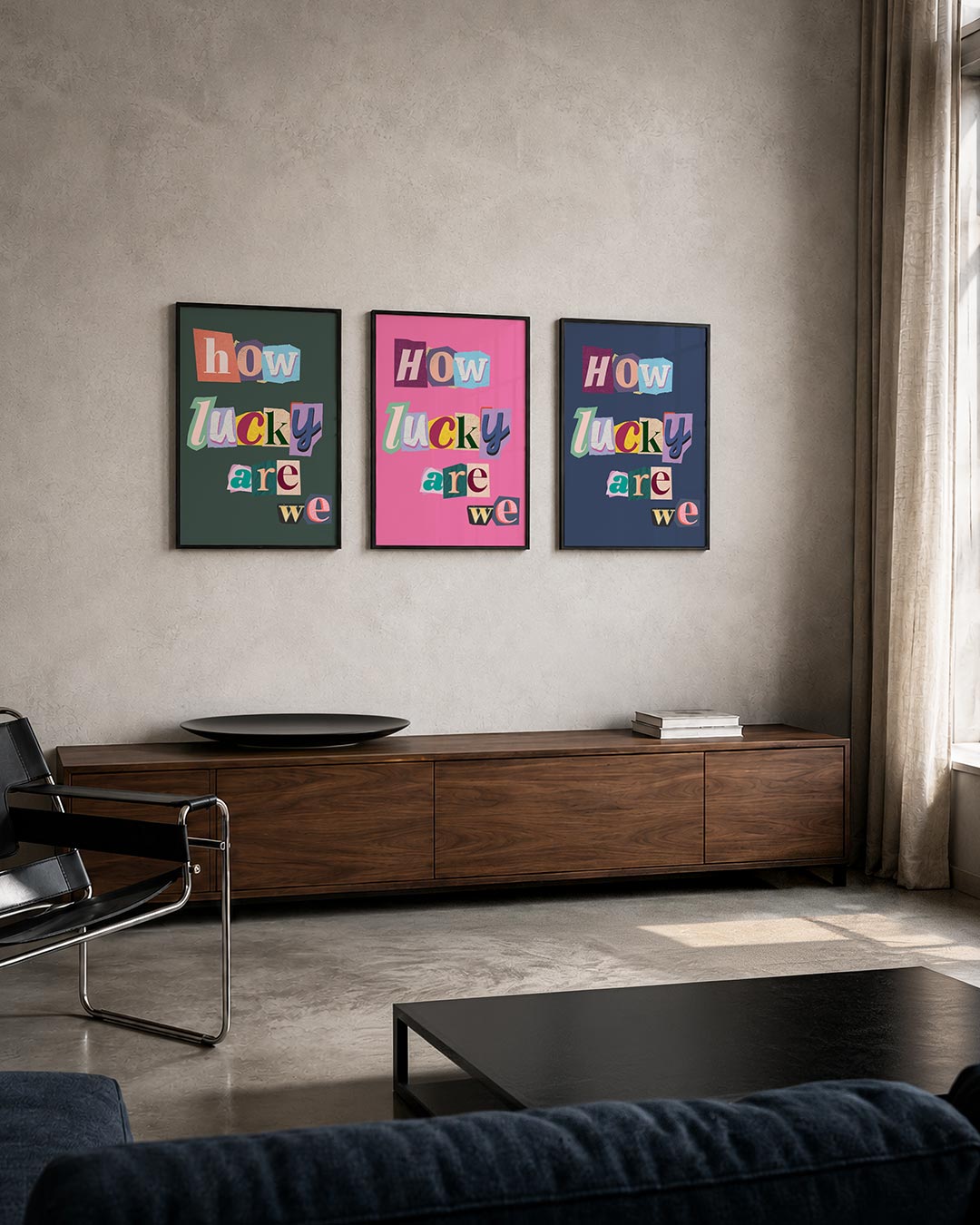 Speelse typografie posterset – tweede productweergave – deze posterset in drie delen toont een levendig spel van