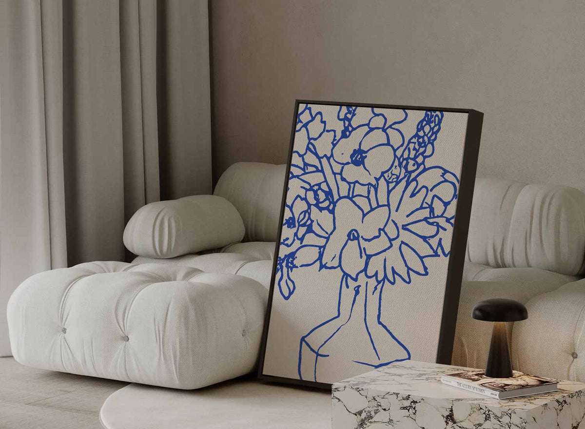 Blaauw Lijnenspel Bloemen – plexiglas wanddecoratie in portret formaat